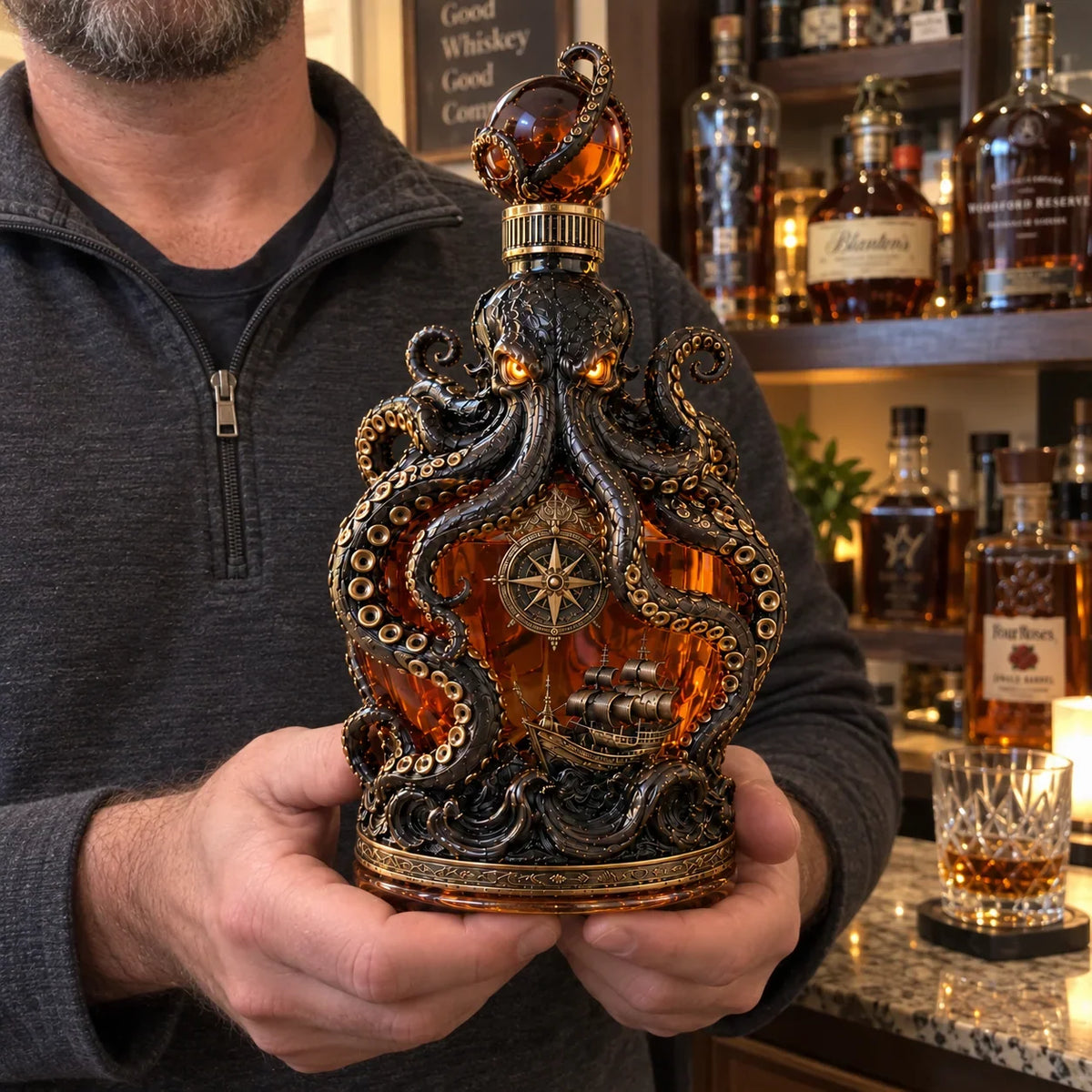 🐙 Kraken Octopus Whiskey Decanter – Gothic Nautical Collector Bottle with Compass & Pirate Ship Design