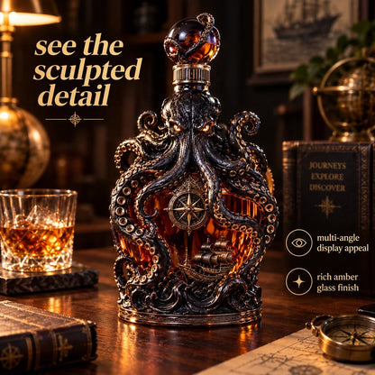 🐙 Kraken Octopus Whiskey Decanter – Gothic Nautical Collector Bottle with Compass & Pirate Ship Design