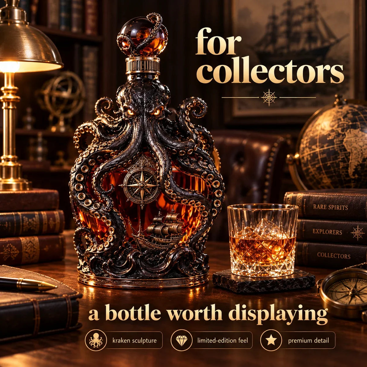 🐙 Kraken Octopus Whiskey Decanter – Gothic Nautical Collector Bottle with Compass & Pirate Ship Design