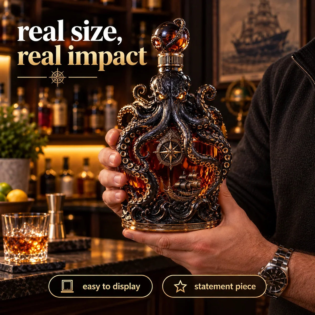 🐙 Kraken Octopus Whiskey Decanter – Gothic Nautical Collector Bottle with Compass & Pirate Ship Design