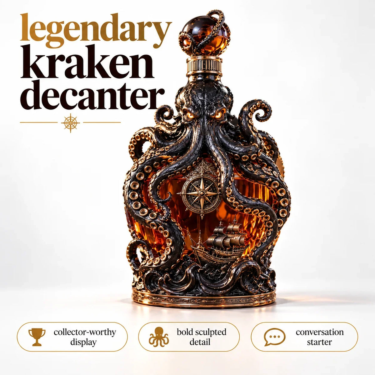 🐙 Kraken Octopus Whiskey Decanter – Gothic Nautical Collector Bottle with Compass & Pirate Ship Design
