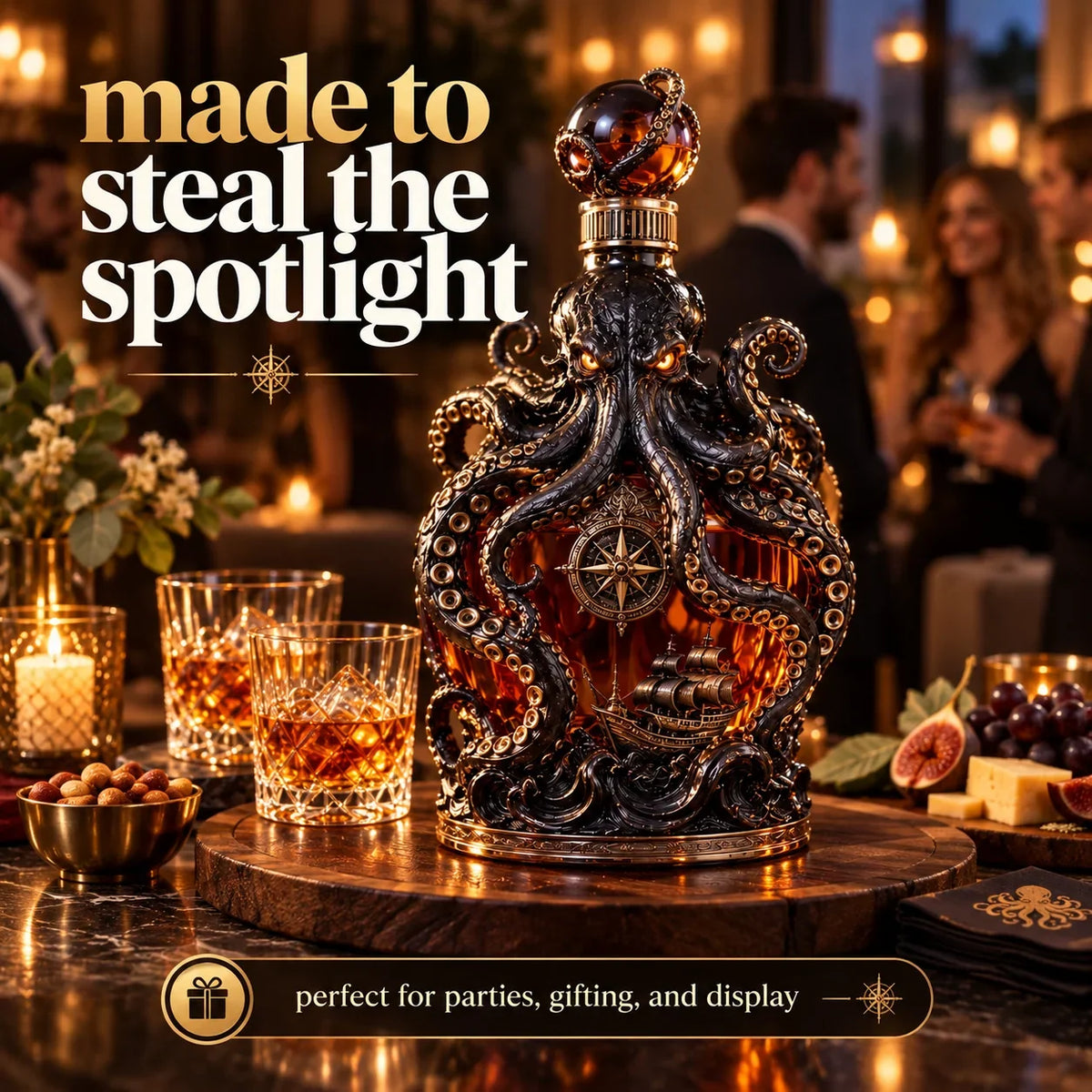 🐙 Kraken Octopus Whiskey Decanter – Gothic Nautical Collector Bottle with Compass & Pirate Ship Design