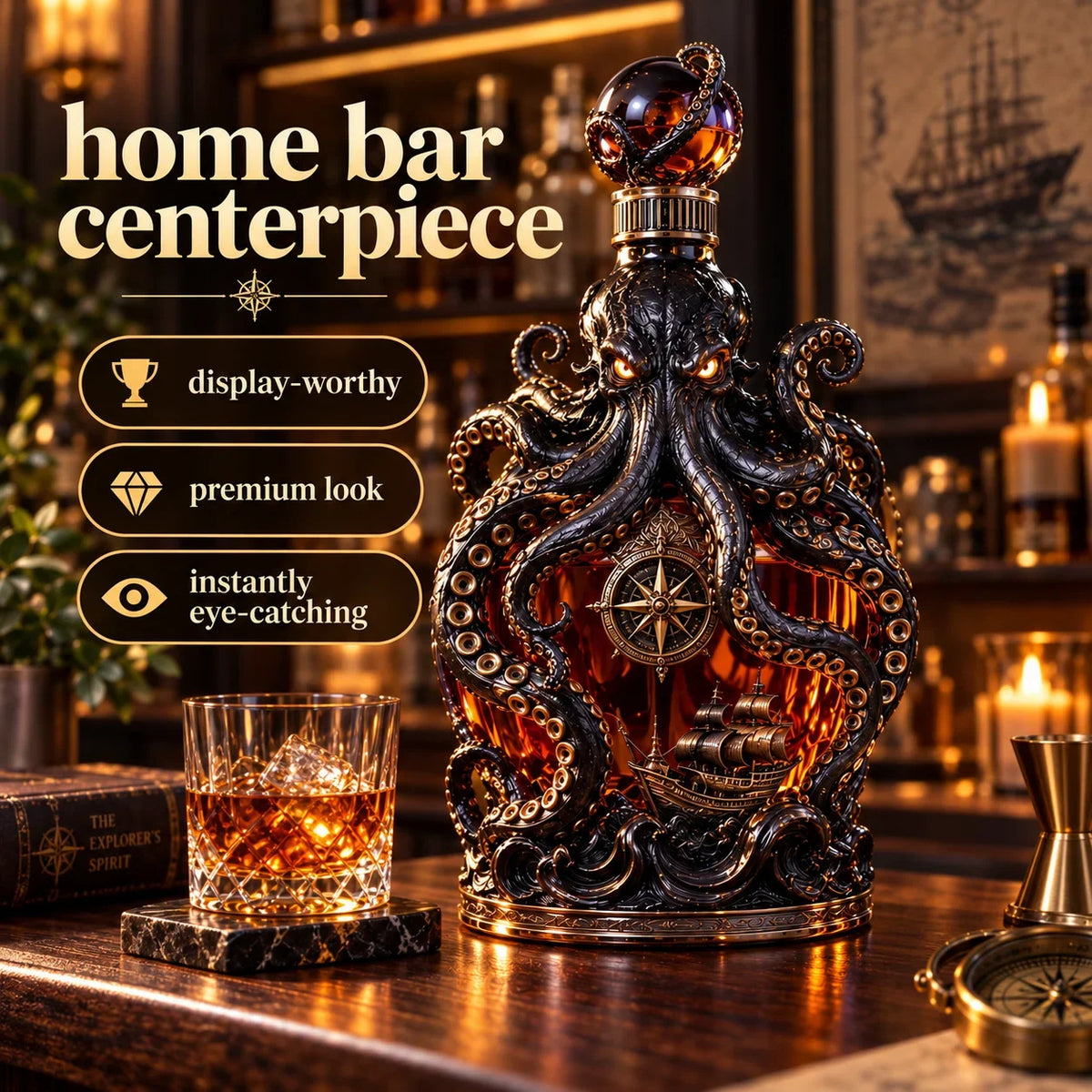 🐙 Kraken Octopus Whiskey Decanter – Gothic Nautical Collector Bottle with Compass & Pirate Ship Design