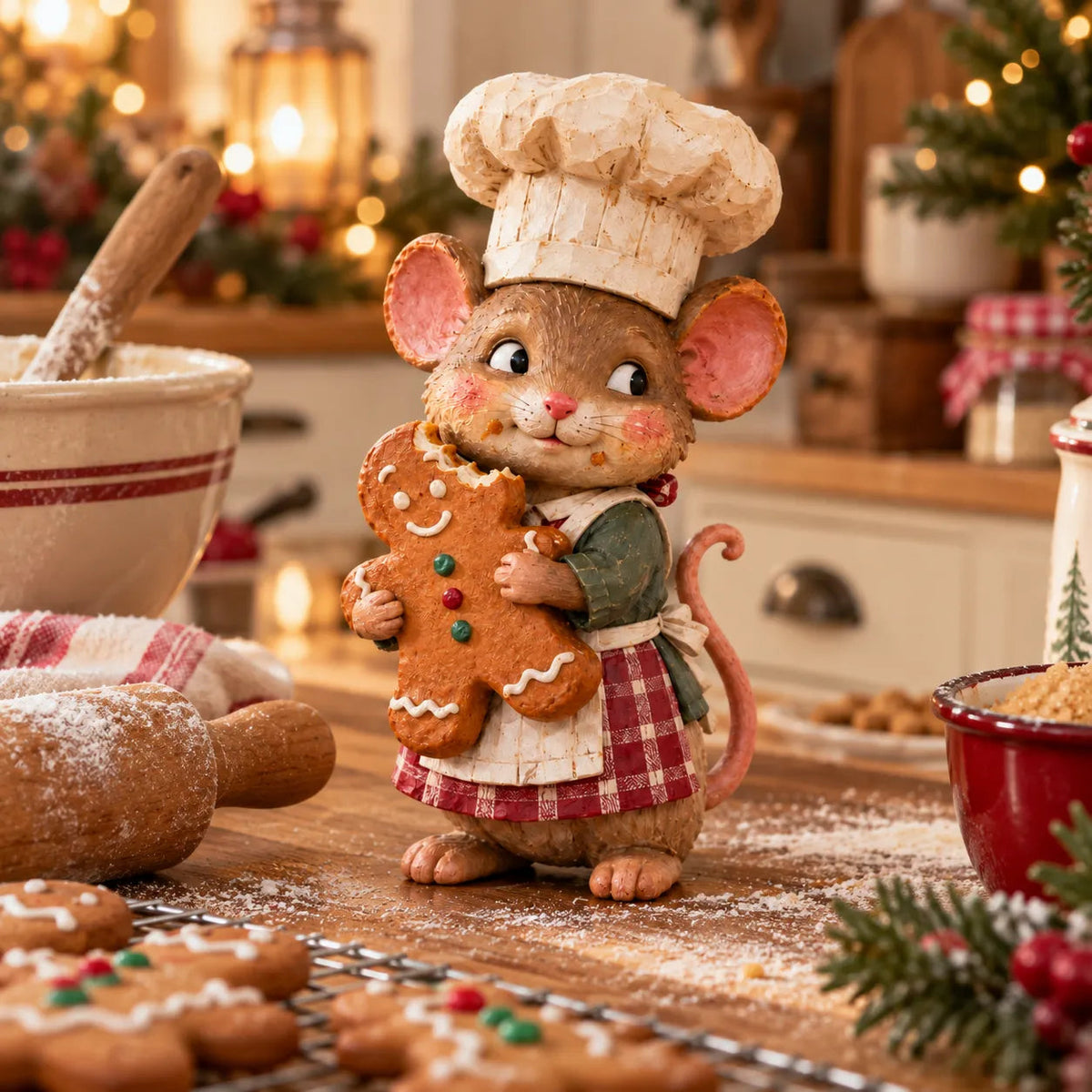 🐭🍪 Gingerbread Mouse Baker Figurine – Vintage-Style Christmas Kitchen Decor