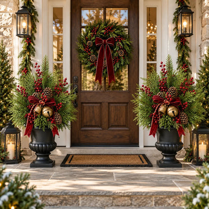 24-Inch Pre-Lit Artificial Christmas Evergreen Urn Filler with Berries, Pinecones & Vintage Bells