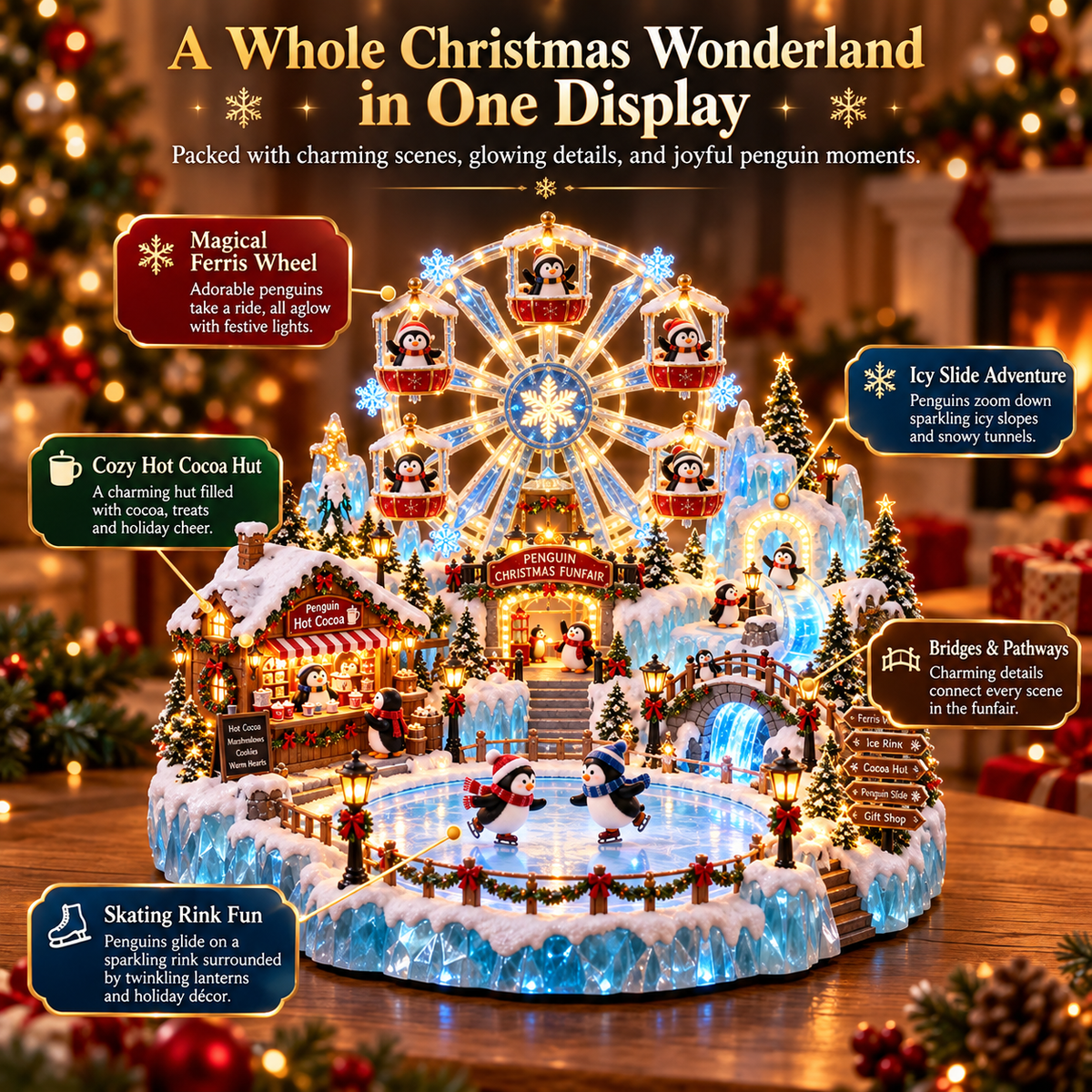 🔥Last Day 50% OFF -🎡 Penguin Christmas Funfair | Lighted Animated Christmas Village