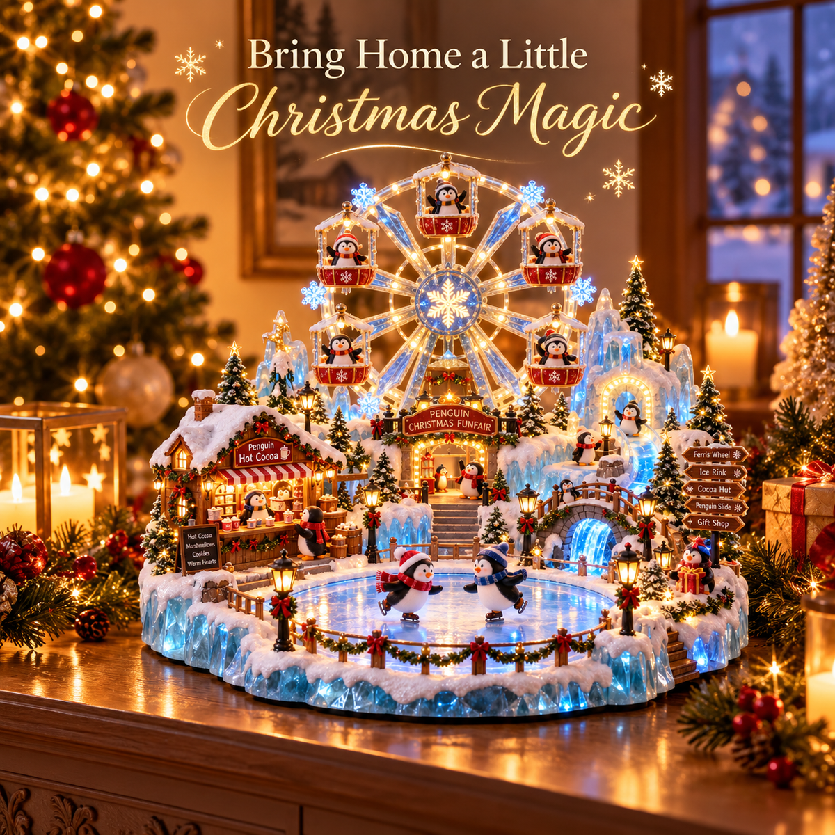 🔥Last Day 50% OFF -🎡 Penguin Christmas Funfair | Lighted Animated Christmas Village
