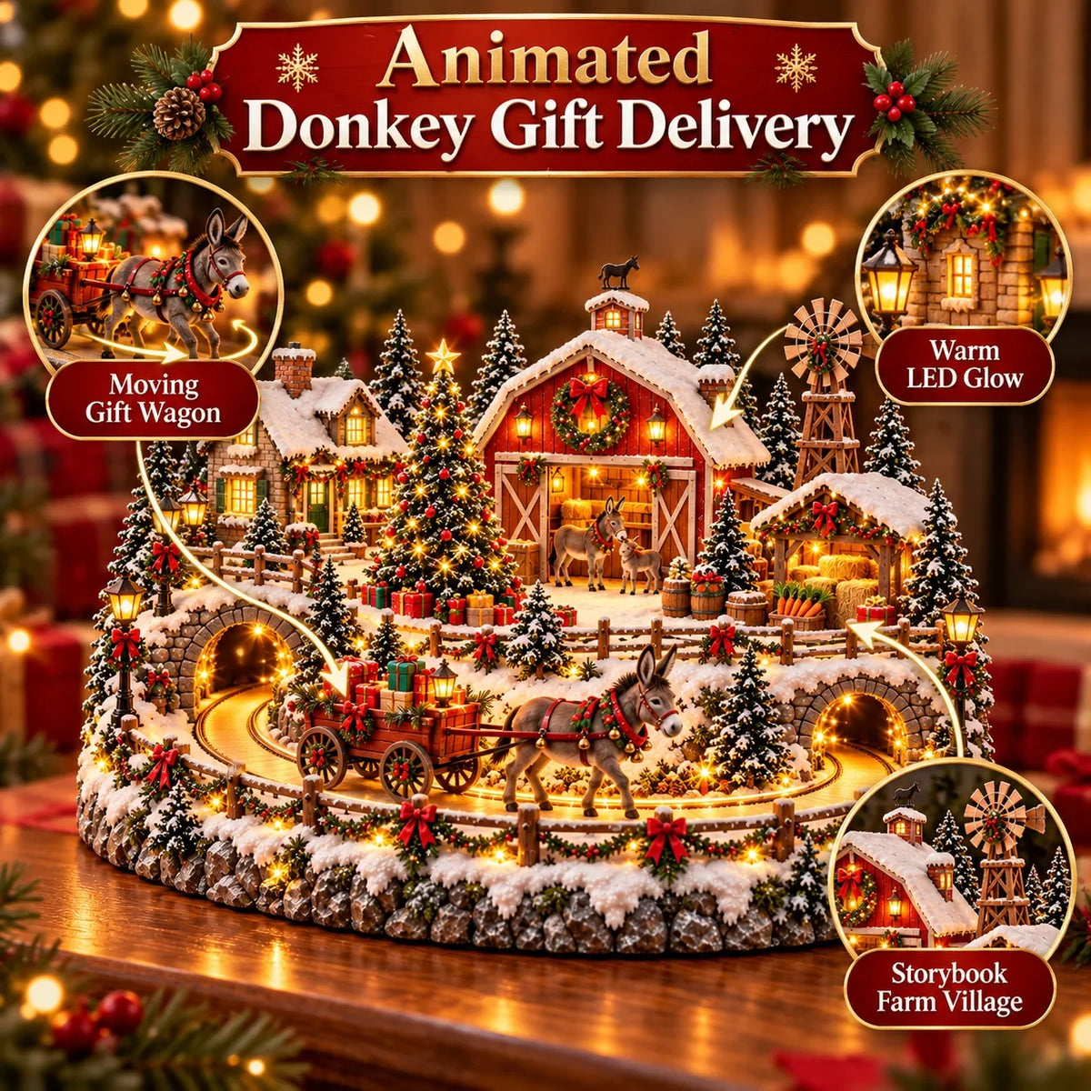 🫏 Animated Christmas Donkey Village | Moving Gift Wagon Holiday Display