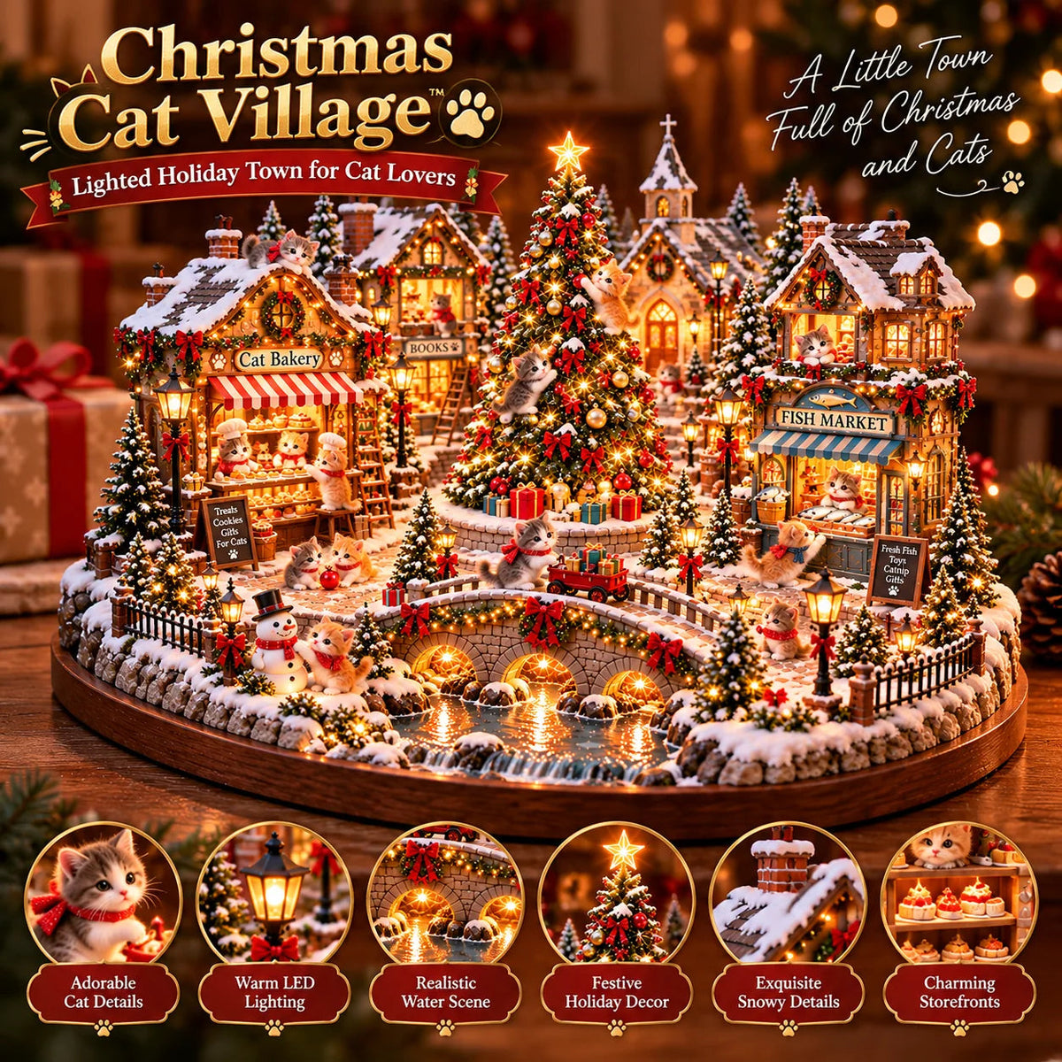 🐱🎄 Christmas Cat Village™ – Lighted Holiday Town for Cat Lovers 🌞