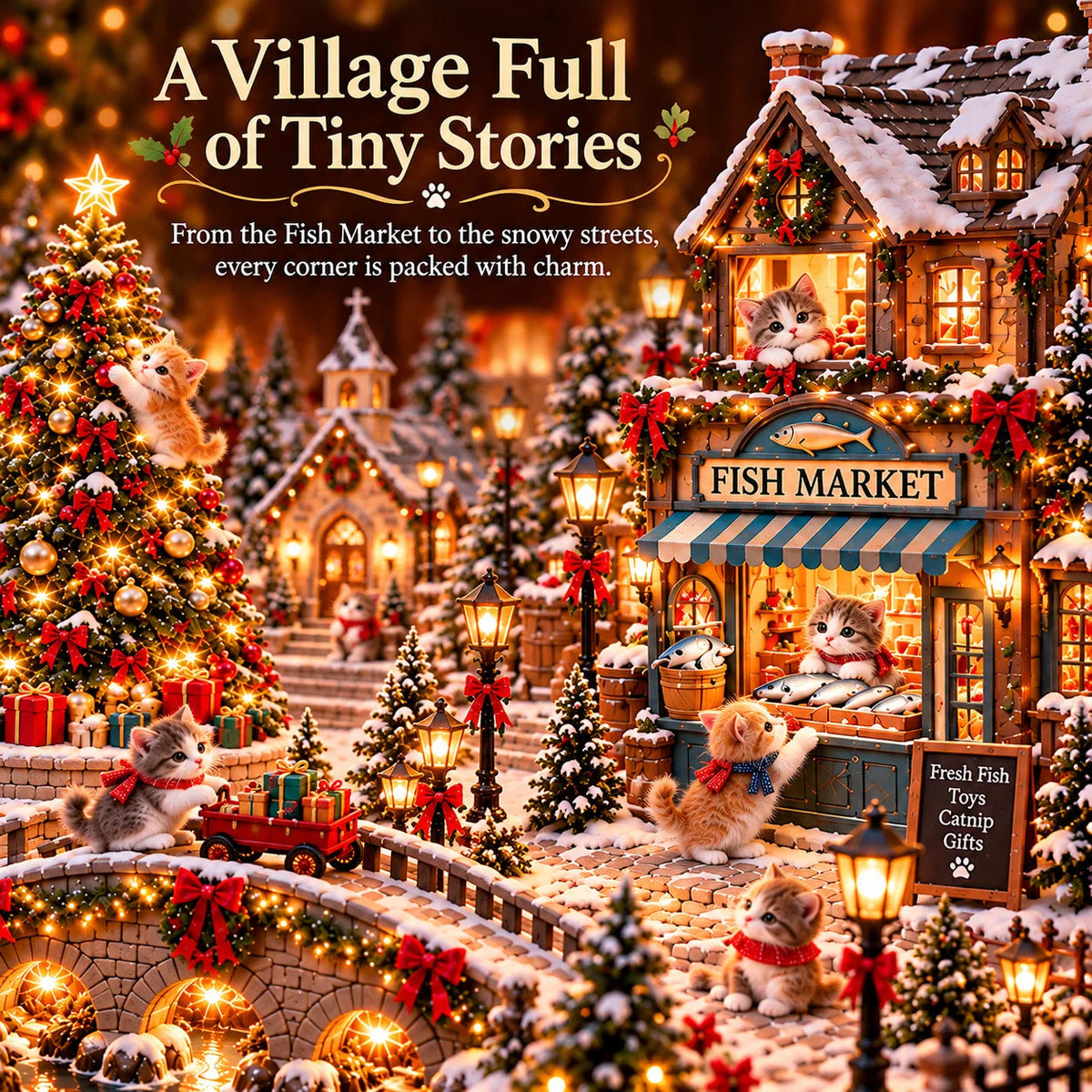 🐱🎄 Christmas Cat Village™ – Lighted Holiday Town for Cat Lovers 🌞