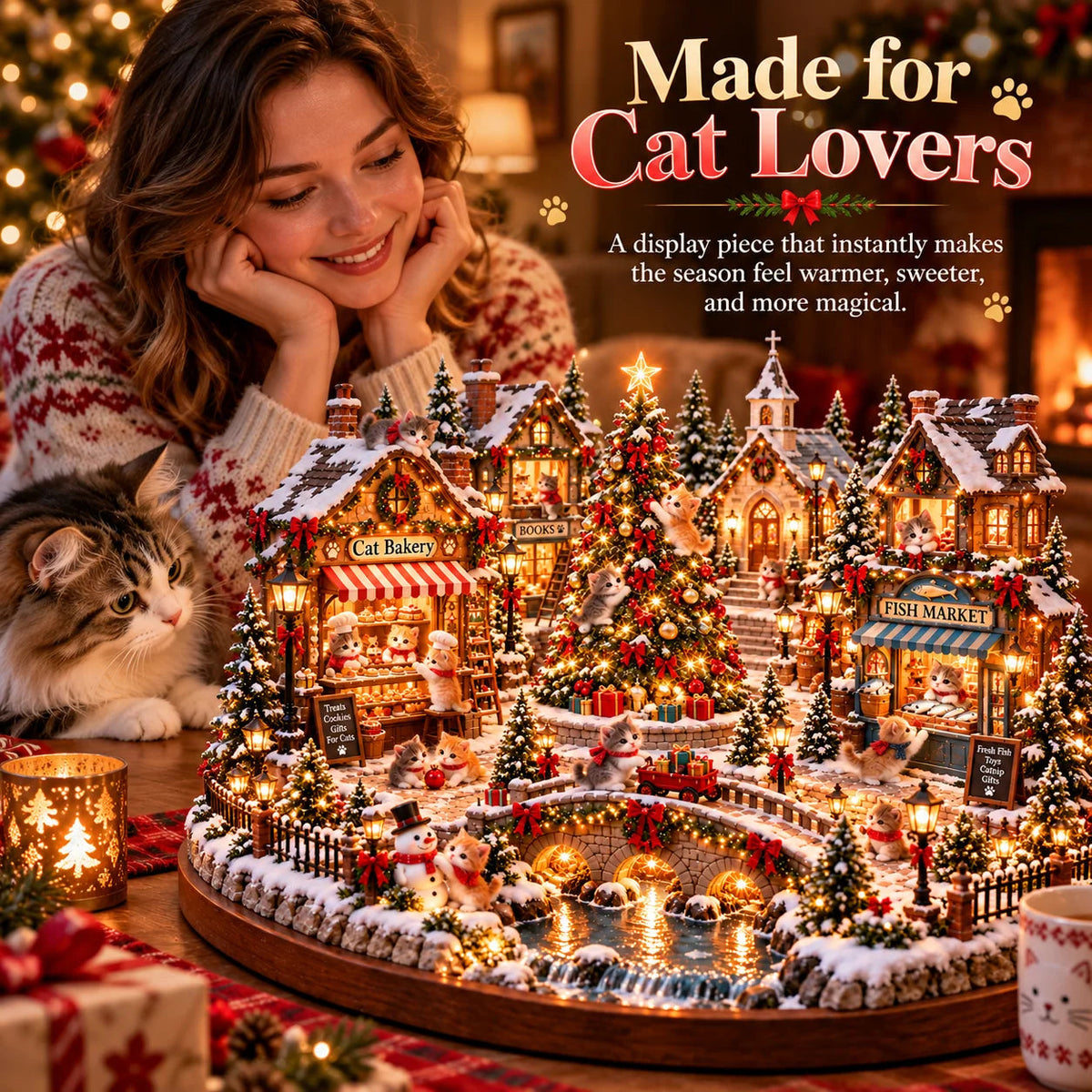 🐱🎄 Christmas Cat Village™ – Lighted Holiday Town for Cat Lovers 🌞