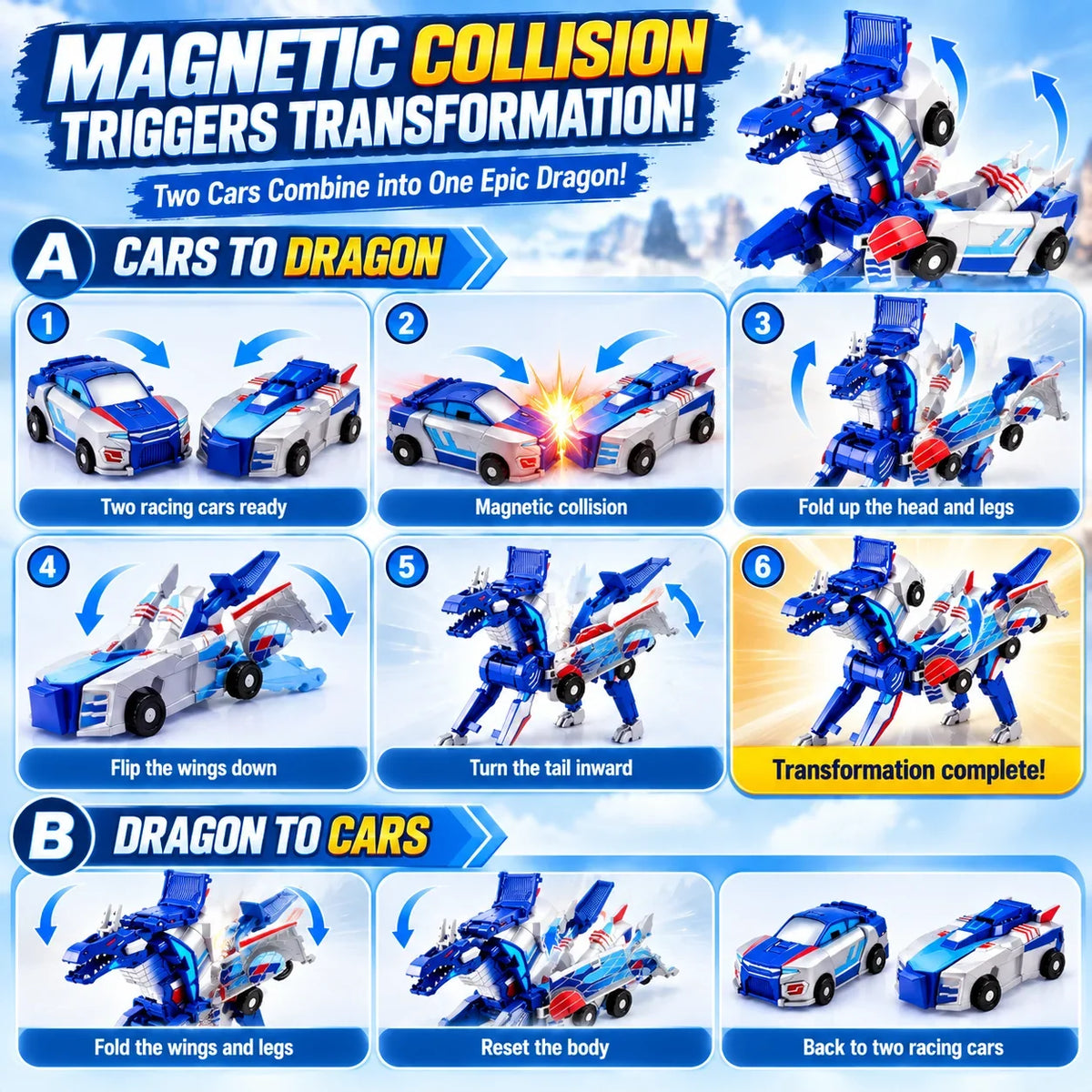 Magnetic Transforming Dragon Race Car! 2-in-1 Transformable Dragon & Racing Vehicle Toy🚗