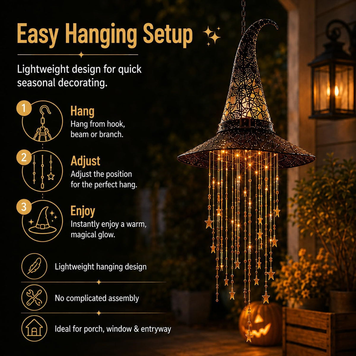 🔥LAST DAY 50% OFF-🪄Lighted Witch Hat Hanging Chime, Halloween Hanging Witch Hats with Lights