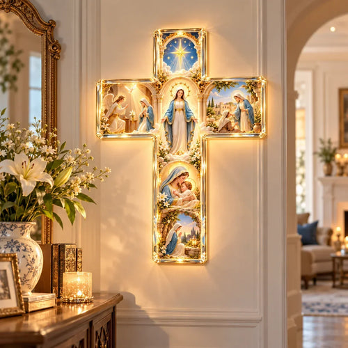 ✨ Mary’s Sacred Journey – Illuminated 6-Scene Cross✝️