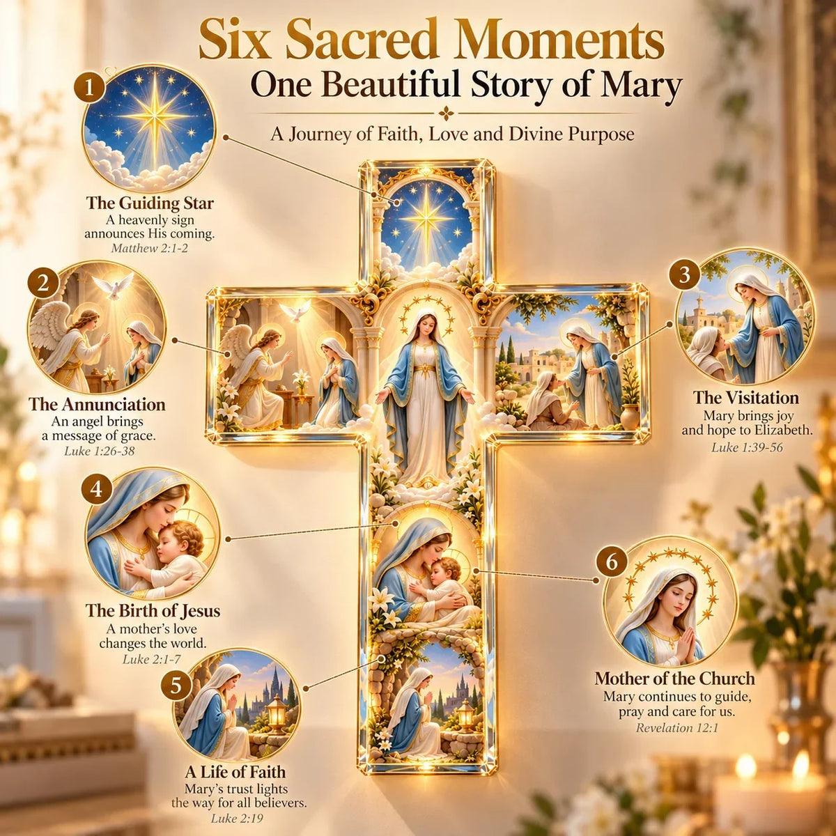 ✨ Mary’s Sacred Journey – Illuminated 6-Scene Cross✝️