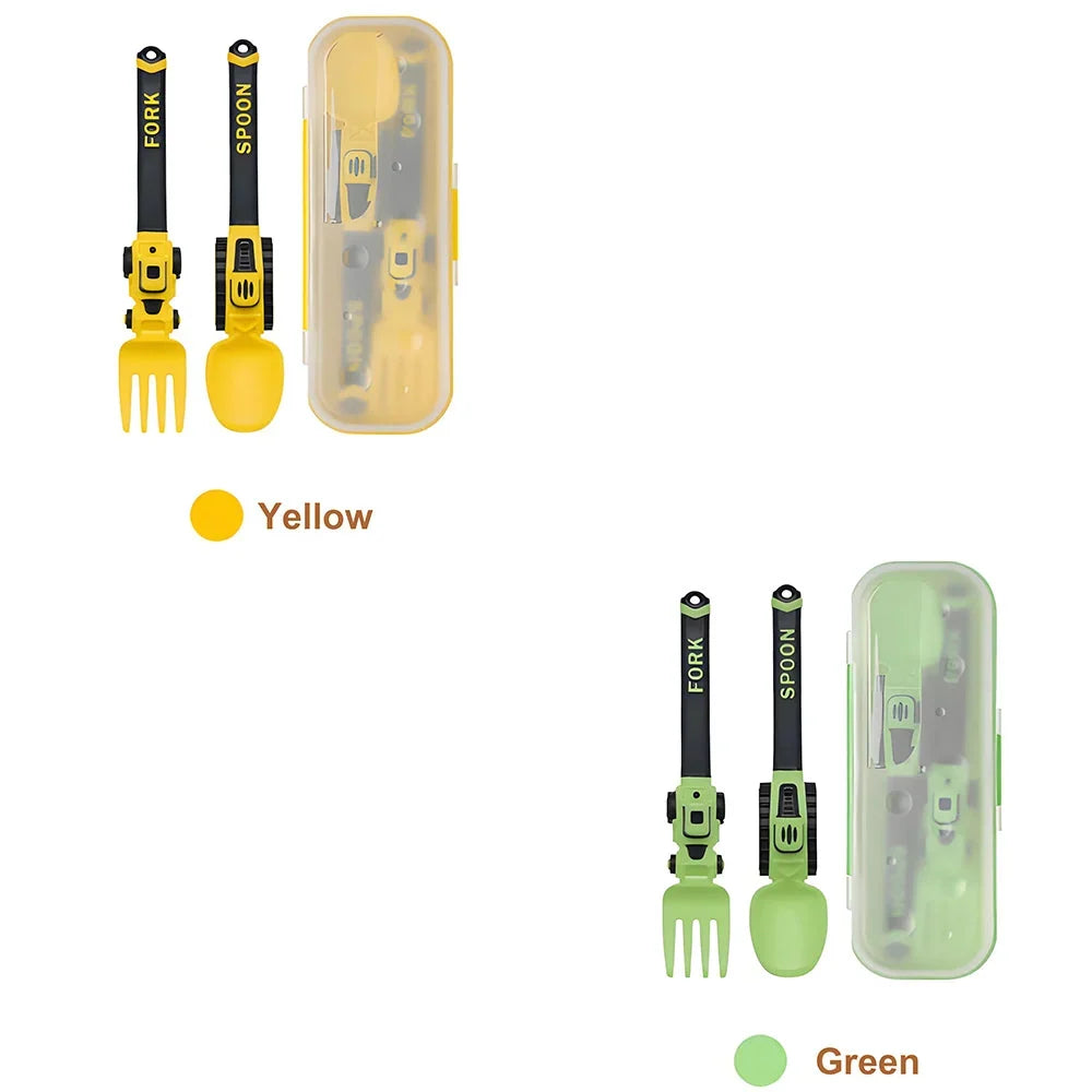 Construction Vehicle Kids Utensil Set 🚜 | 3-Piece Feeding Set with Spoon, Fork & Storage Case | Soft Grip | Dishwasher Safe | Perfect for Travel & Home | Gift Set Utensils