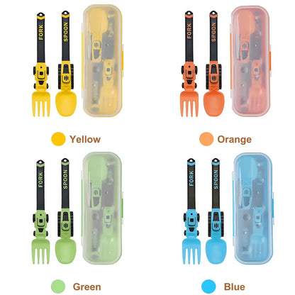 Construction Vehicle Kids Utensil Set 🚜 | 3-Piece Feeding Set with Spoon, Fork & Storage Case | Soft Grip | Dishwasher Safe | Perfect for Travel & Home | Gift Set Utensils