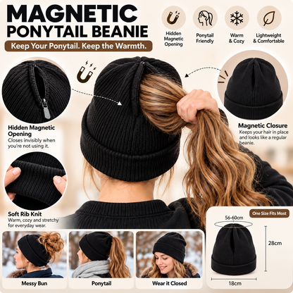 Magnetic Ponytail Beanie™ — Cozy Winter Knit Hat for High Ponytails