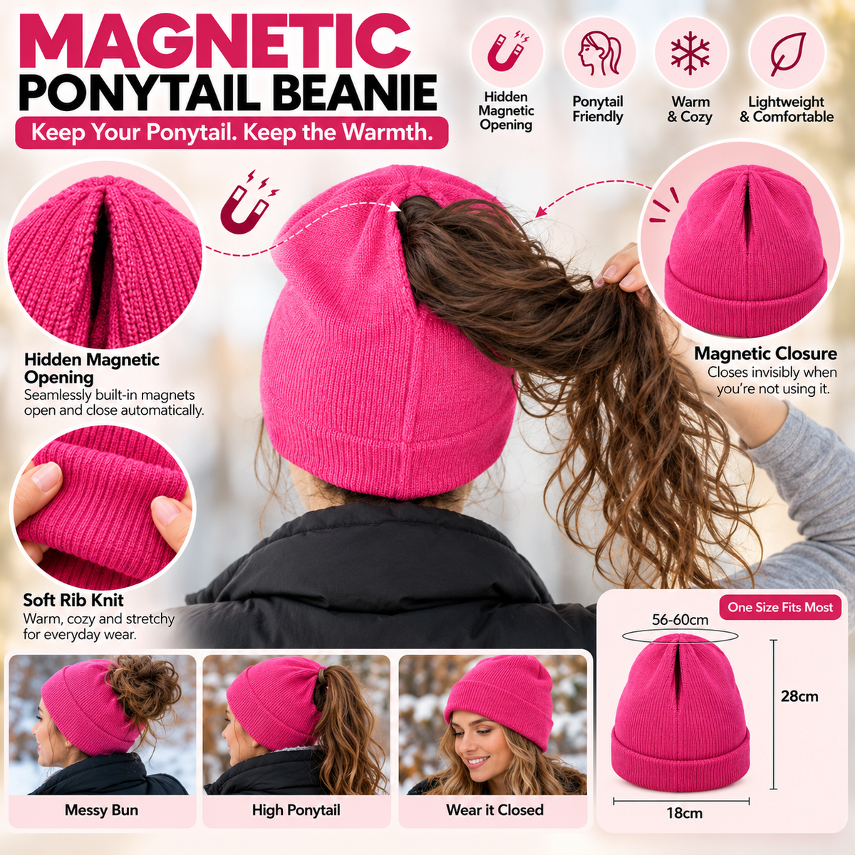 Magnetic Ponytail Beanie™ — Cozy Winter Knit Hat for High Ponytails