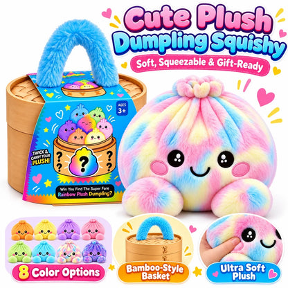 Rainbow Dumpling Plush Squishy with Bamboo-Style Steamer Basket – 8 Adorable Colors, Cute Stuffed Toy & Gift