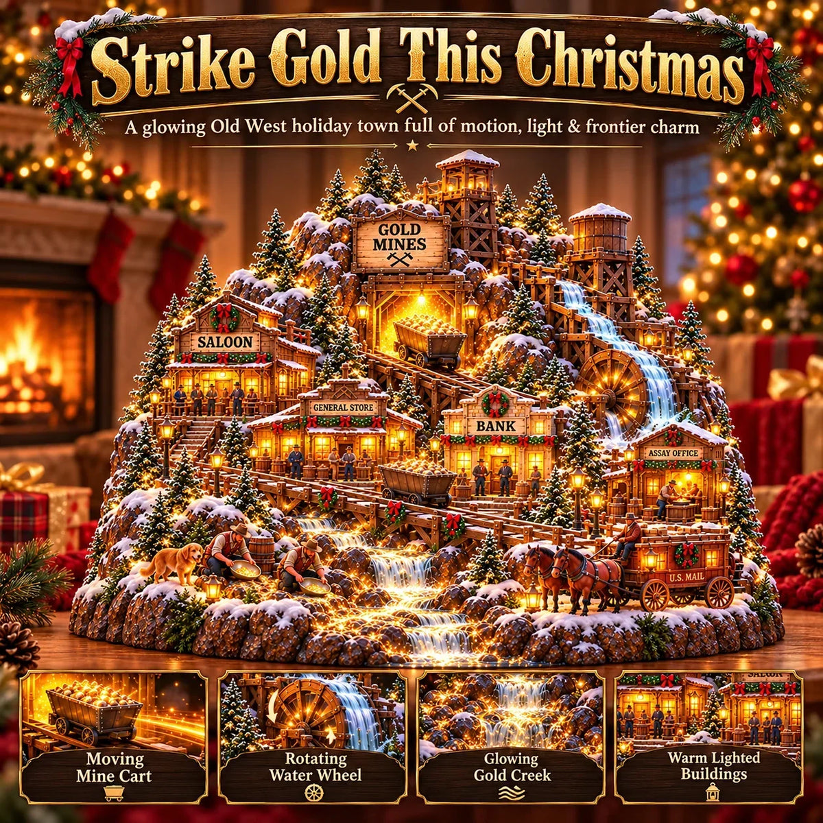 ⛏️✨ Gold Rush Christmas Mining Town™ – Lighted Old West Village with Moving Mine Cart & Gold Creek