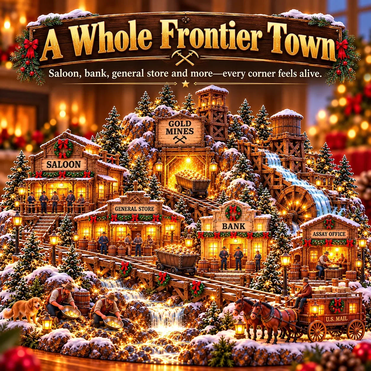 ⛏️✨ Gold Rush Christmas Mining Town™ – Lighted Old West Village with Moving Mine Cart & Gold Creek