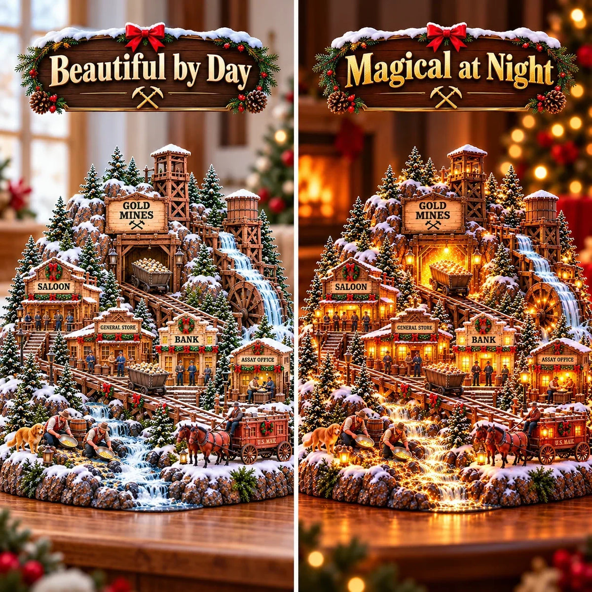 ⛏️✨ Gold Rush Christmas Mining Town™ – Lighted Old West Village with Moving Mine Cart & Gold Creek