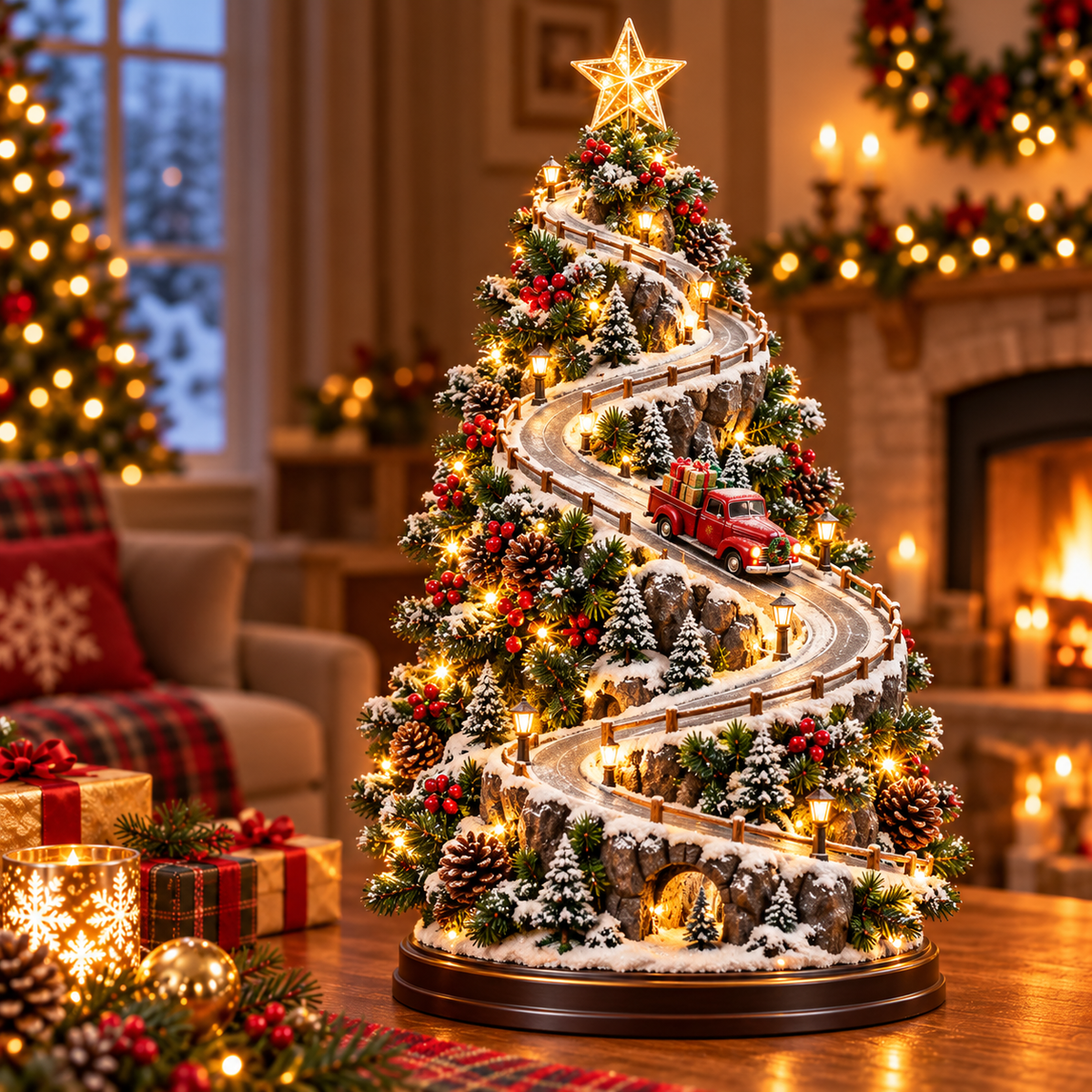 Christmas Mountain Village Tree – Snowy Alpine Road Tabletop Decor