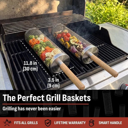 2026 New🔥360° Rolling Grill Basket – 304 Stainless Steel, Removable Wooden Handle & No More Food Falling Through! 🥩🥦