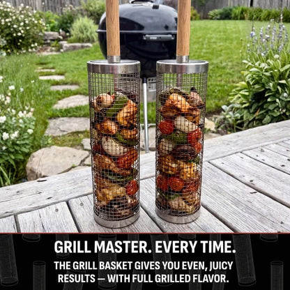 2026 New🔥360° Rolling Grill Basket – 304 Stainless Steel, Removable Wooden Handle & No More Food Falling Through! 🥩🥦