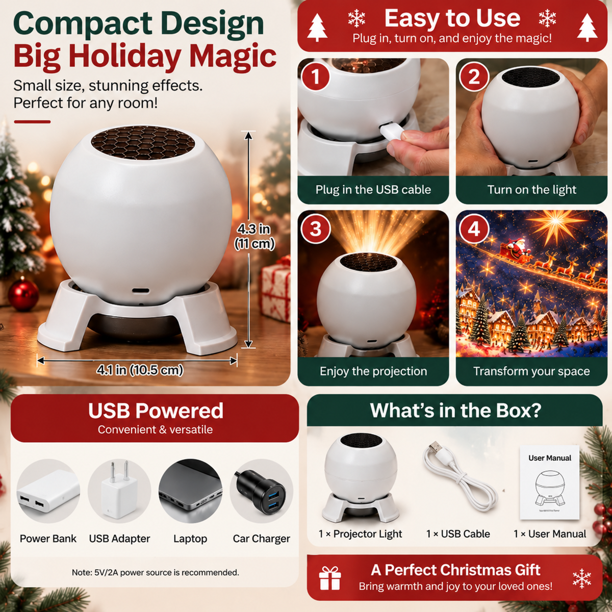 🎁 Christmas Projector Night Light - 360° Adjustable HD Holiday Pattern Ceiling Light 🎅 Indoor Xmas Decoration Lamp for Kids Bedroom, Party & Holiday Gift 🎄