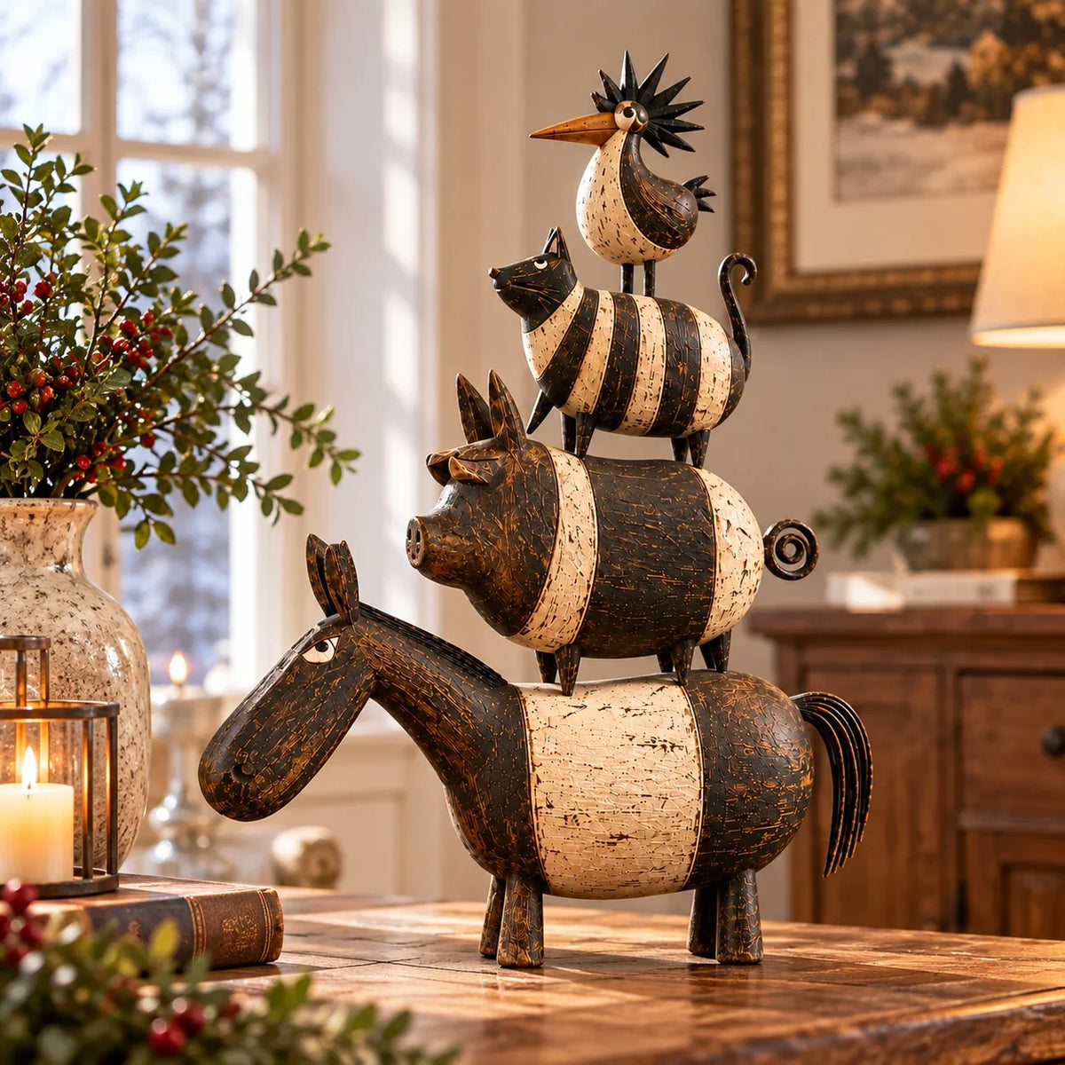 🐴🐷🐱🐓 Four Friends Rustic Farmhouse Animal Stack Statue