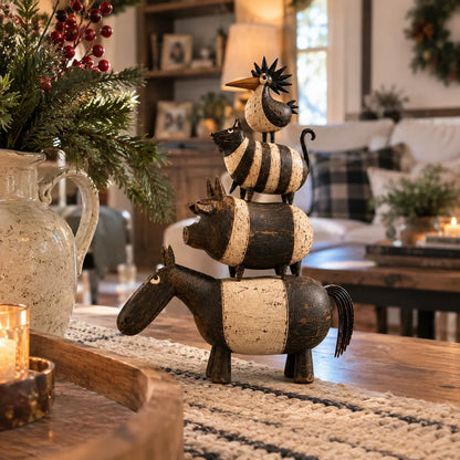 🐴🐷🐱🐓 Four Friends Rustic Farmhouse Animal Stack Statue