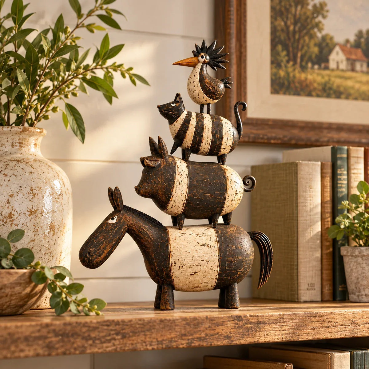 🐴🐷🐱🐓 Four Friends Rustic Farmhouse Animal Stack Statue