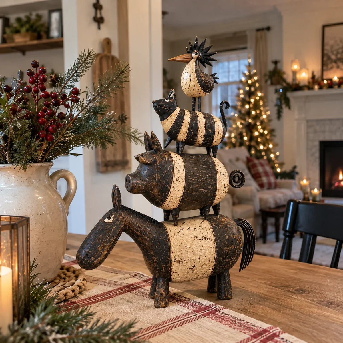 🐴🐷🐱🐓 Four Friends Rustic Farmhouse Animal Stack Statue