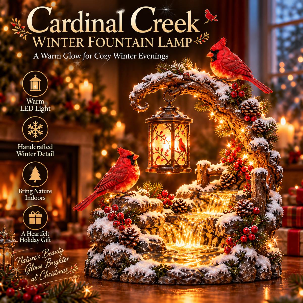 ❤️🐦 Cardinal Creek™ – Light-Up Winter Cardinal Waterfall Lantern | Glowing Snowy Woodland Figurine, Cozy Christmas Decor & Meaningful Gift ✨