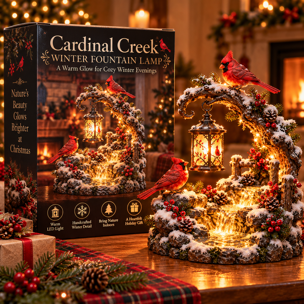 ❤️🐦 Cardinal Creek™ – Light-Up Winter Cardinal Waterfall Lantern | Glowing Snowy Woodland Figurine, Cozy Christmas Decor & Meaningful Gift ✨