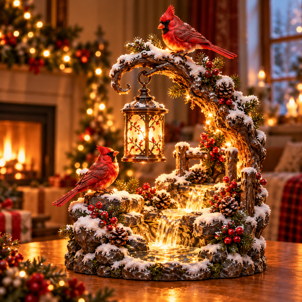 ❤️🐦 Cardinal Creek™ – Light-Up Winter Cardinal Waterfall Lantern | Glowing Snowy Woodland Figurine, Cozy Christmas Decor & Meaningful Gift ✨