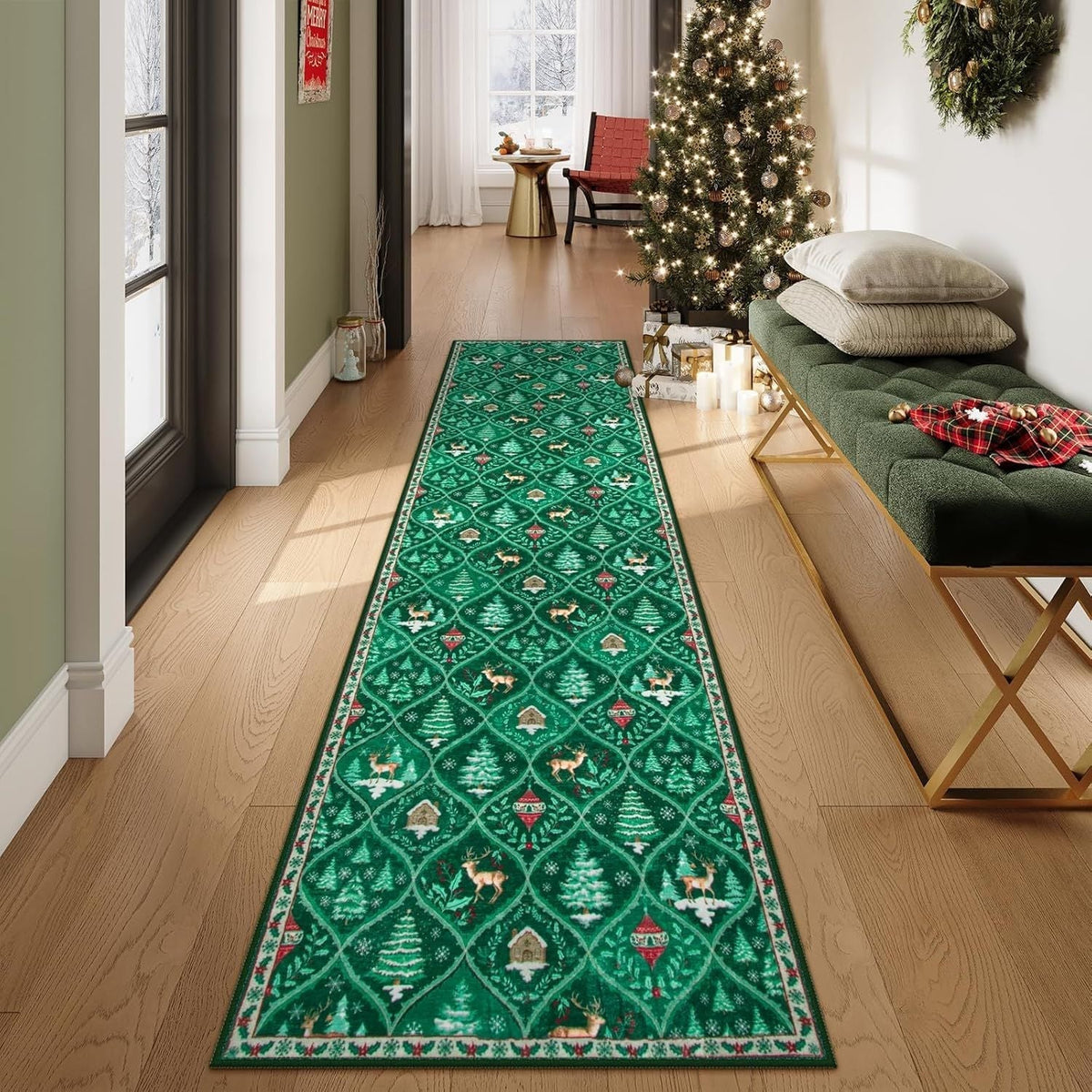🎄✨ Washable Christmas Runner Rug – Soft Non-Slip Holiday Floor Mat for Kitchen & Hallway 🎅