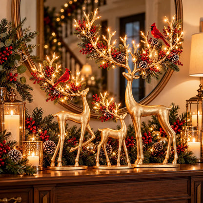 ✨ Cardinal Woodland Reindeer™ – Lighted Golden Christmas Deer Decorations