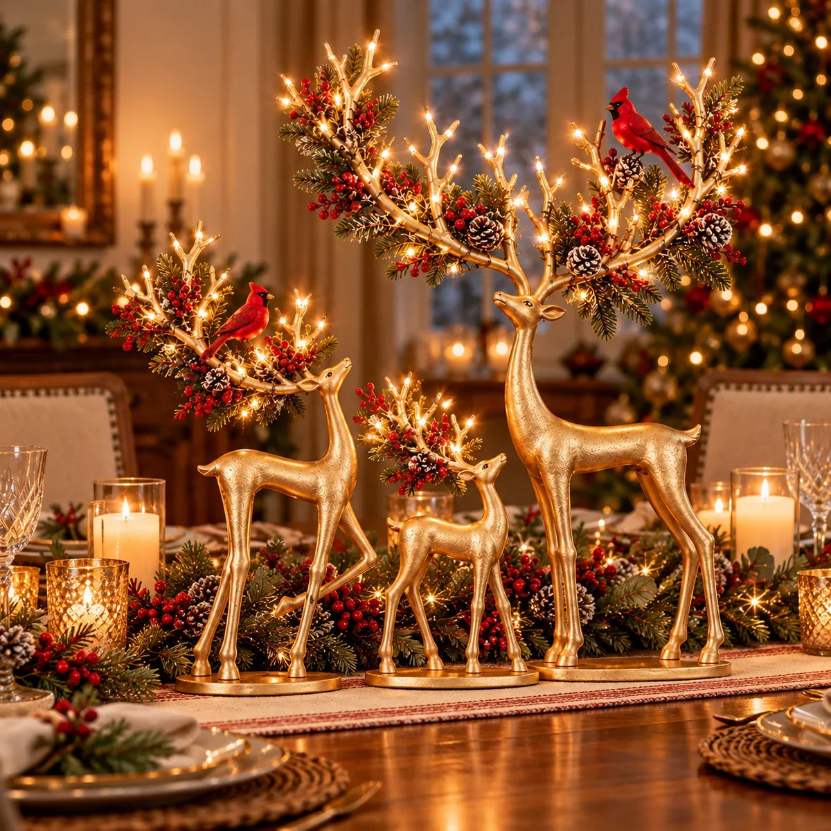✨ Cardinal Woodland Reindeer™ – Lighted Golden Christmas Deer Decorations