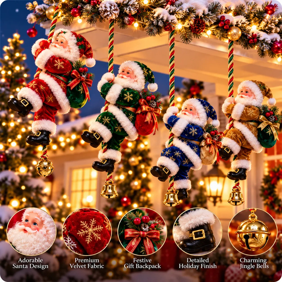 🎅🎄 Climbing Santa™ Christmas Rope Ornament – 4 Festive Colors | Adorable Santa With Gift Sack & Golden Jingle Bell | Holiday Porch & Home Decor ✨
