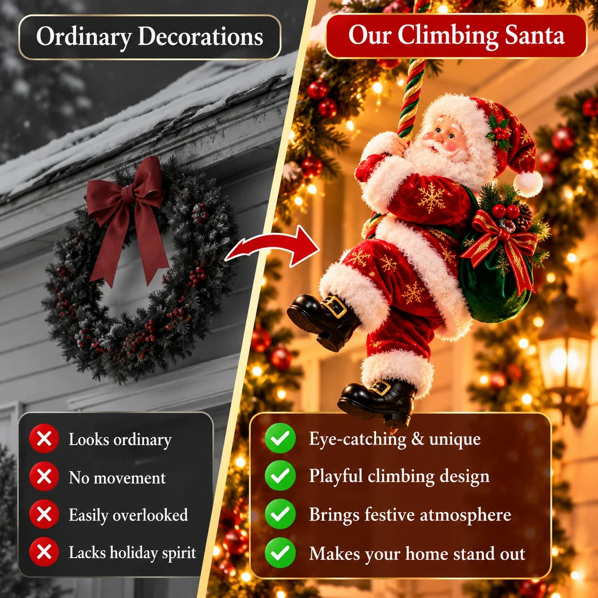 🎅🎄 Climbing Santa™ Christmas Rope Ornament – 4 Festive Colors | Adorable Santa With Gift Sack & Golden Jingle Bell | Holiday Porch & Home Decor ✨