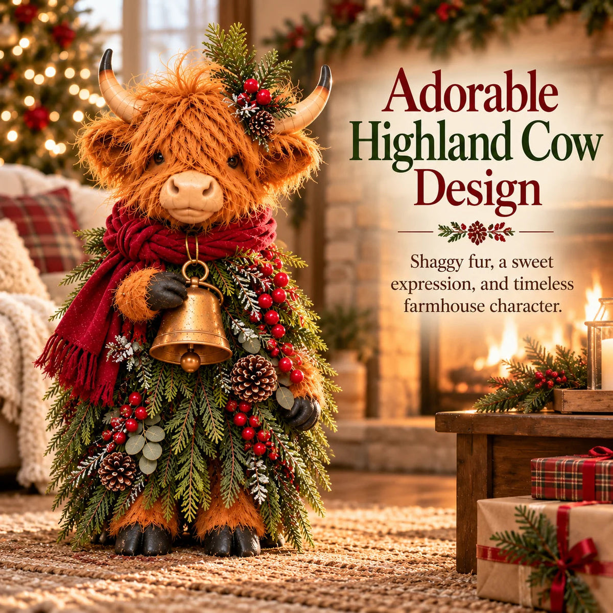 🌟Christmas Highland Cow with Bell – Rustic Farmhouse Holiday Figurine with Evergreen Accents & Burgundy Scarf🌟