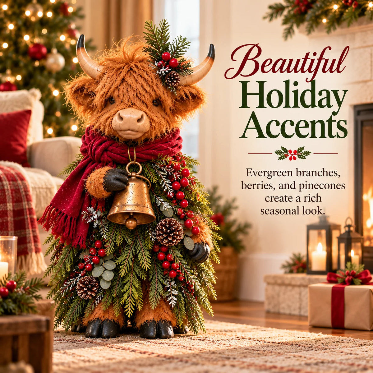 🌟Christmas Highland Cow with Bell – Rustic Farmhouse Holiday Figurine with Evergreen Accents & Burgundy Scarf🌟
