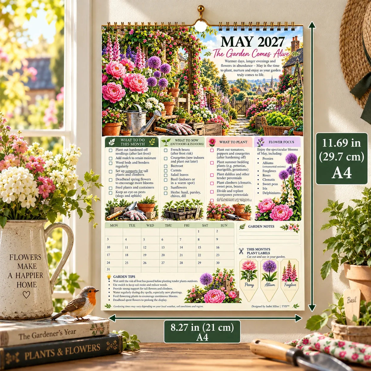 2027 Four Seasons Gardening Calendar & Monthly Planner – A4 Wall Calendar with Planting Guide, Garden Tasks & Plant Labels | ATTROBUY™