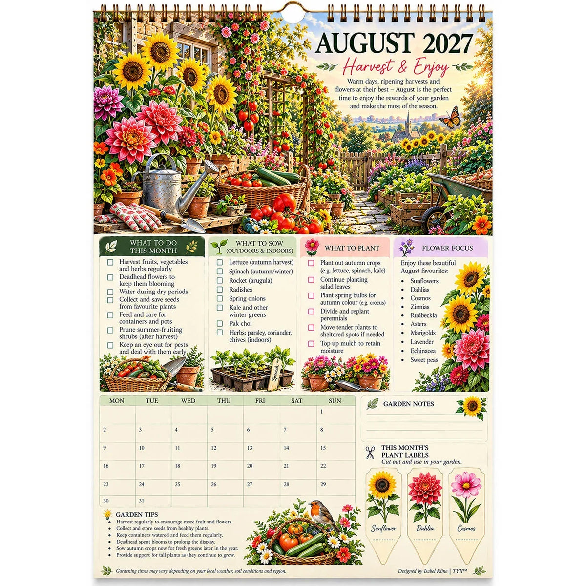 2027 Four Seasons Gardening Calendar & Monthly Planner – A4 Wall Calendar with Planting Guide, Garden Tasks & Plant Labels | ATTROBUY™