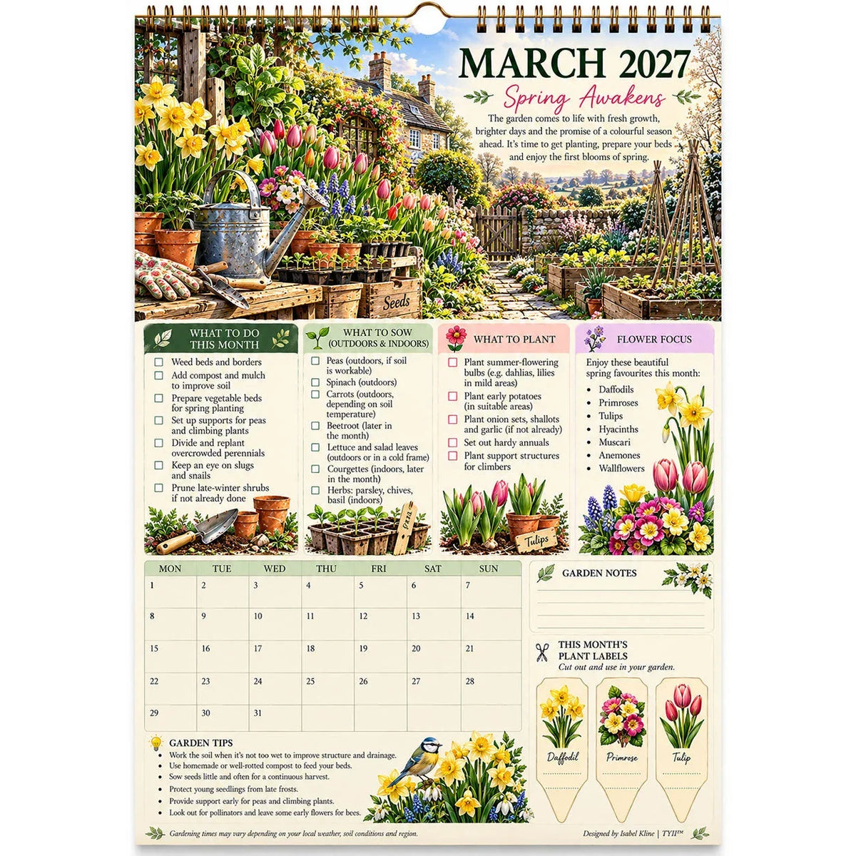 2027 Four Seasons Gardening Calendar & Monthly Planner – A4 Wall Calendar with Planting Guide, Garden Tasks & Plant Labels | ATTROBUY™