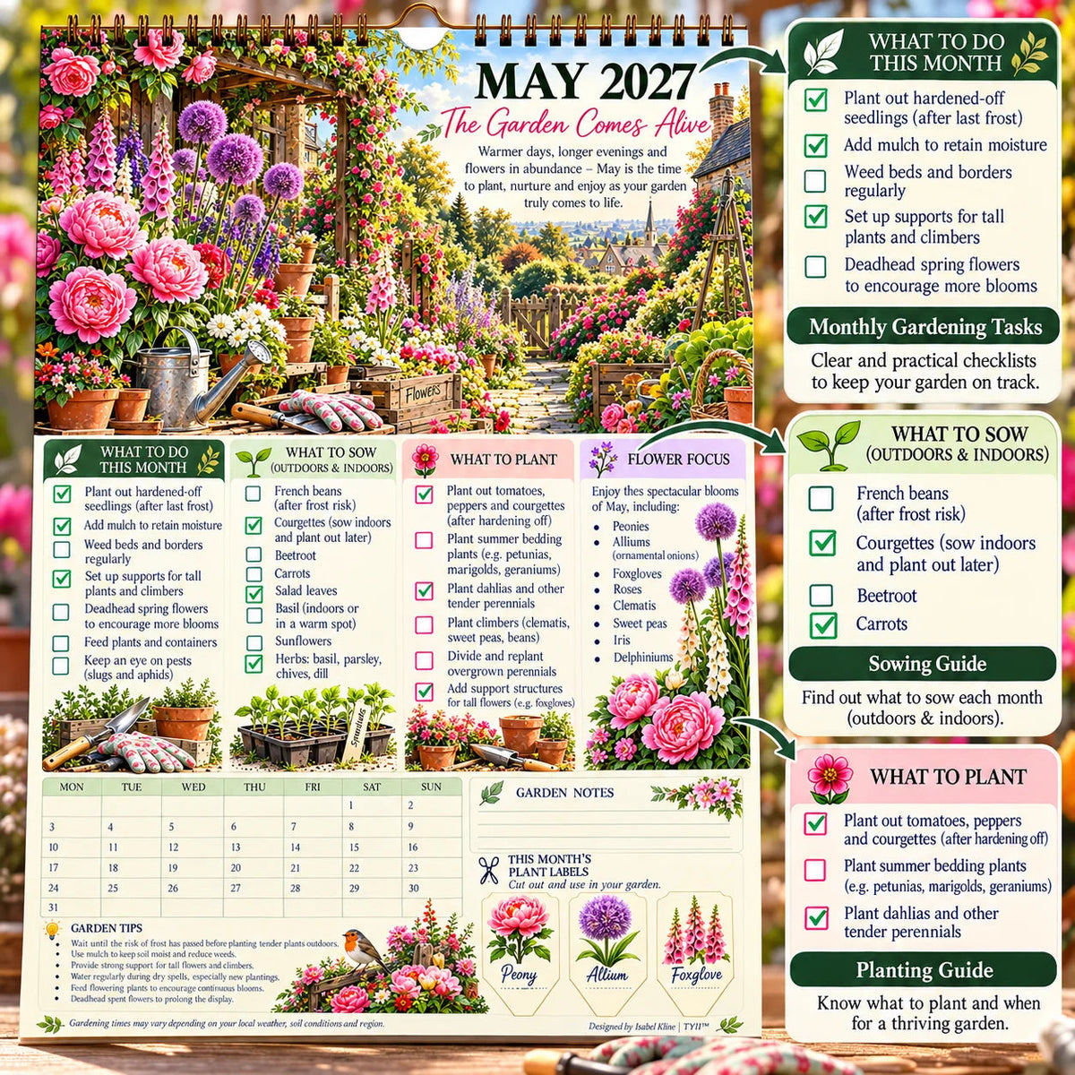 2027 Four Seasons Gardening Calendar & Monthly Planner – A4 Wall Calendar with Planting Guide, Garden Tasks & Plant Labels