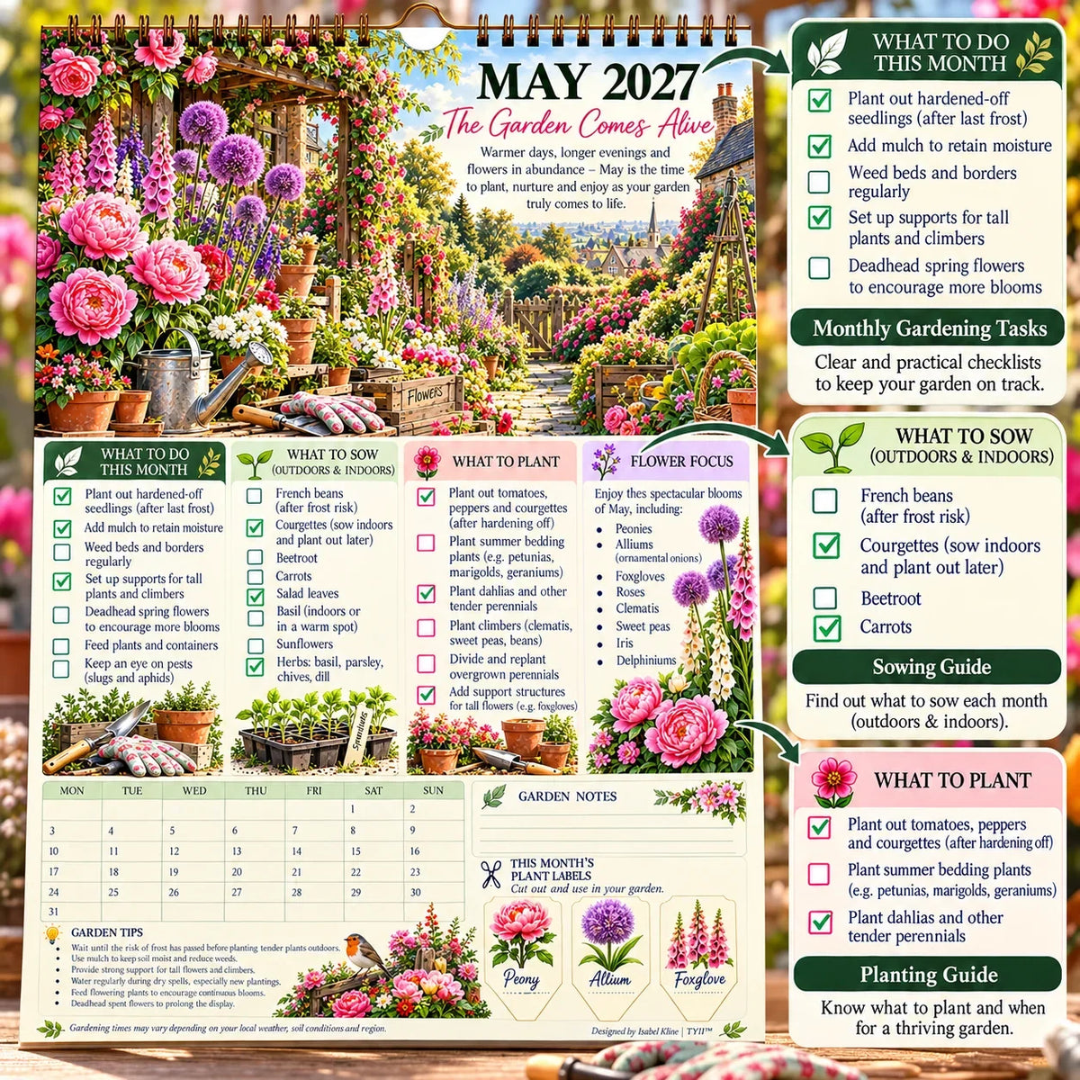 2027 Four Seasons Gardening Calendar & Monthly Planner – A4 Wall Calendar with Planting Guide, Garden Tasks & Plant Labels | ATTROBUY™